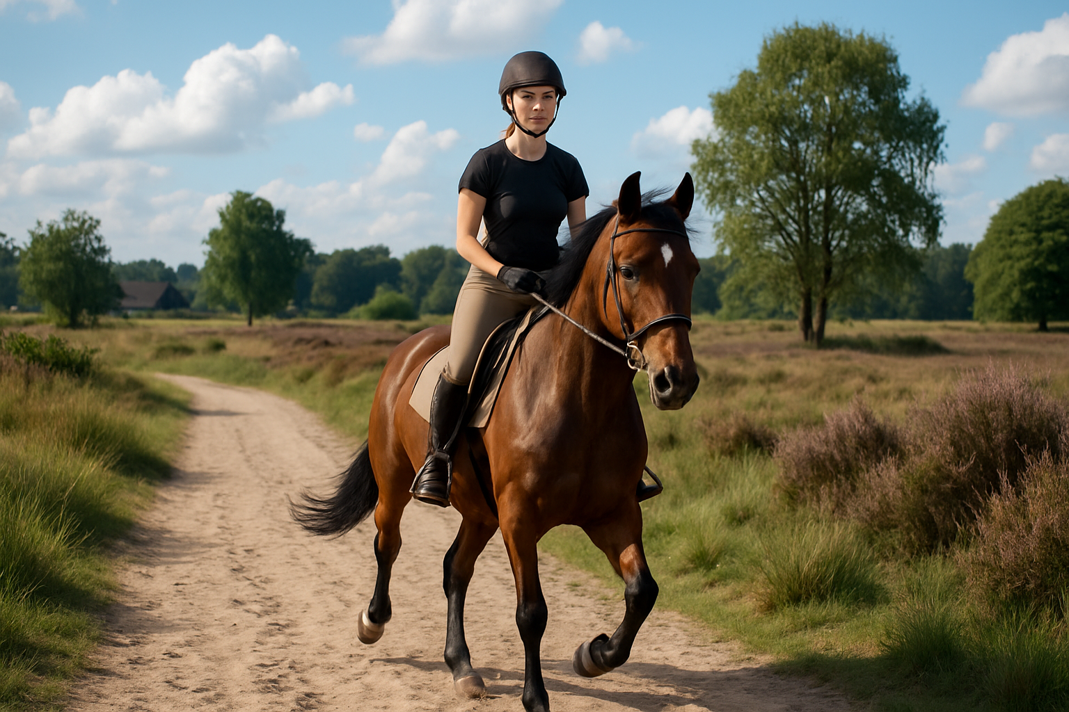 Beginnende ruiter te paard op een zandpad door de Nederlandse natuur, zomer