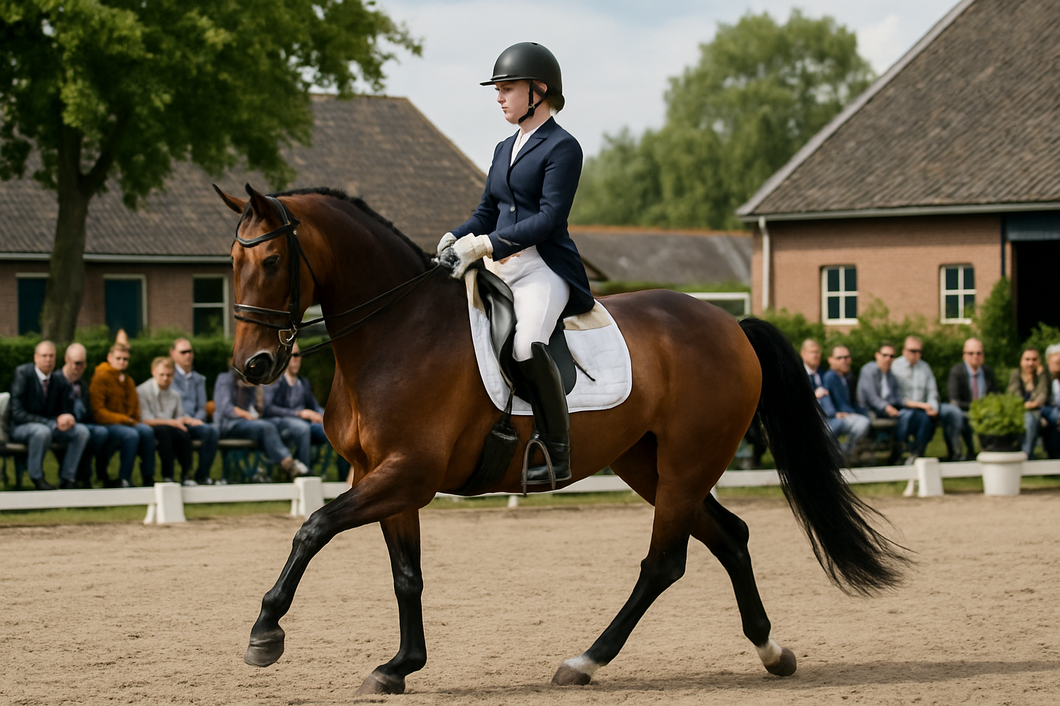 Ruiter op paard bij een Nederlands concours, startlijn dressuur, zomerse dag