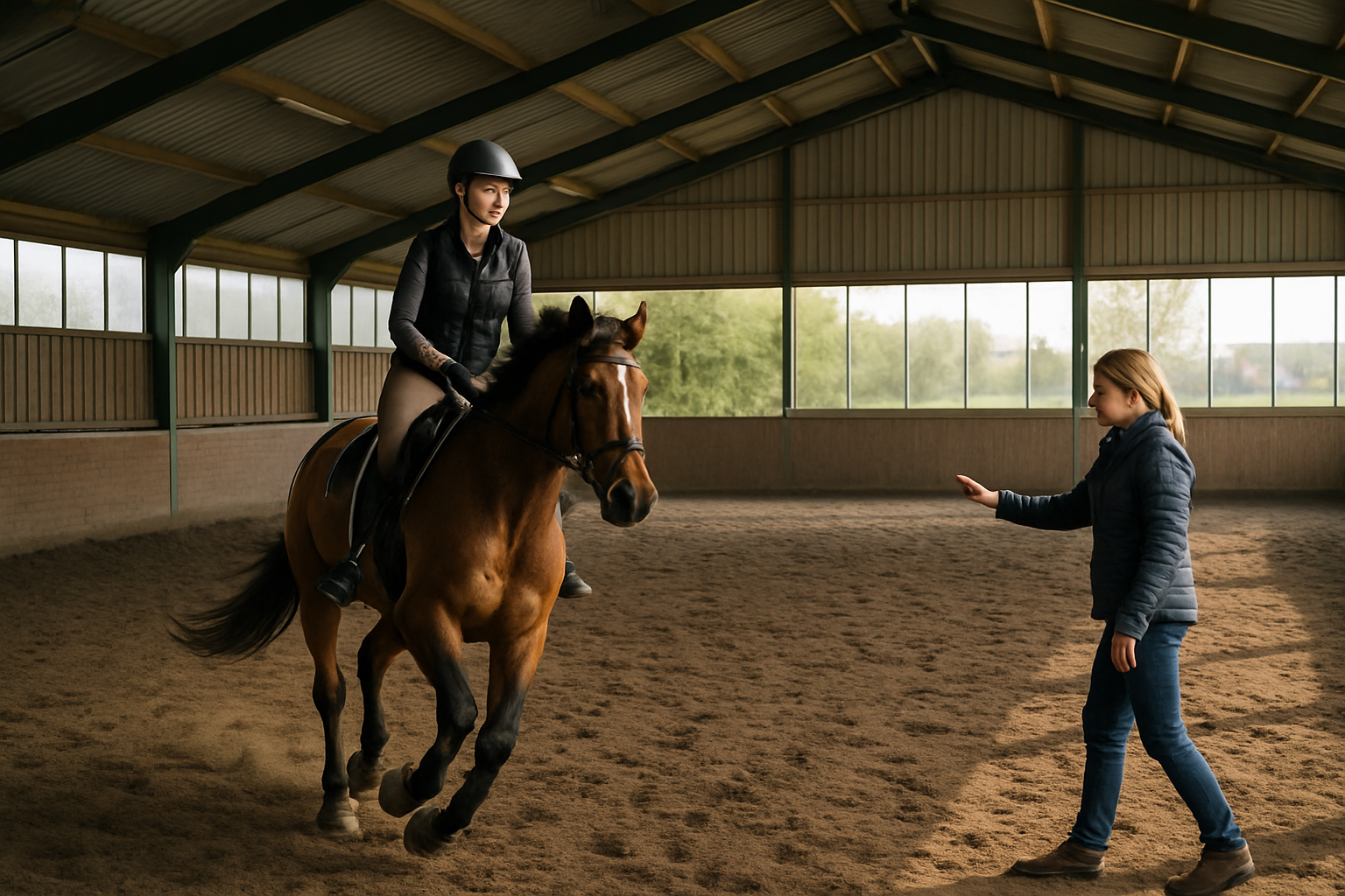 Beginner rijdt galop op een paard in een binnenbak, Nederlandse manege