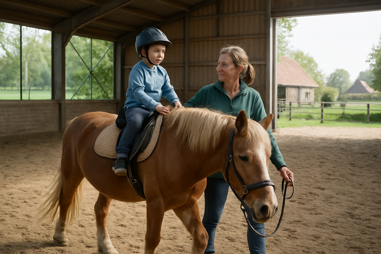 Therapeutisch rijden met begeleider, kind op paard, Nederlandse manege