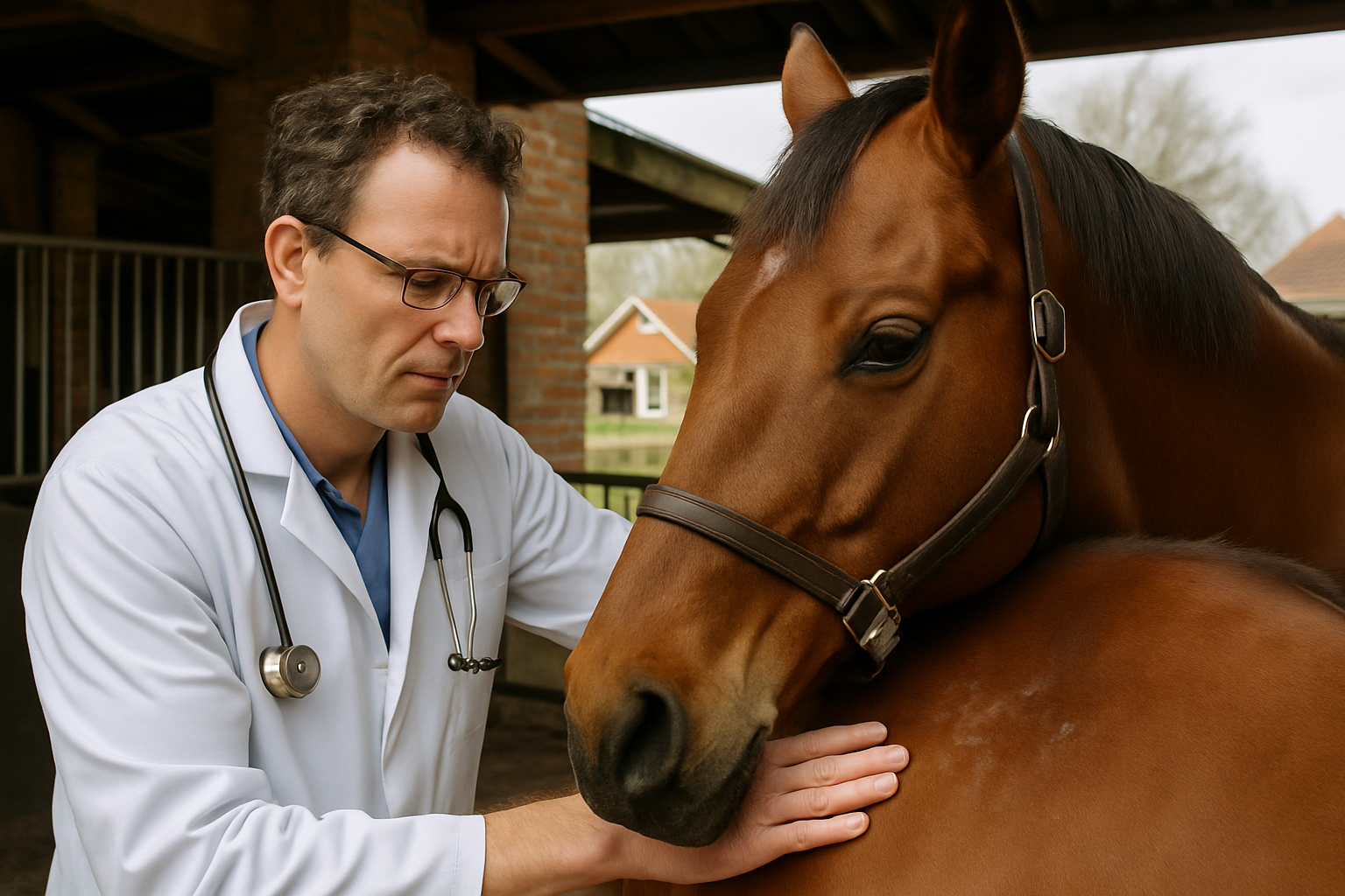 Paard met zomerschurft aan manen en staart, dierenarts onderzoekt het dier