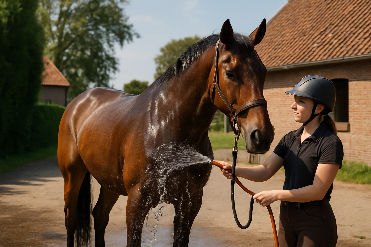 Ruiter stapt af en loogt het bezwete paard na de training, zomerse stal