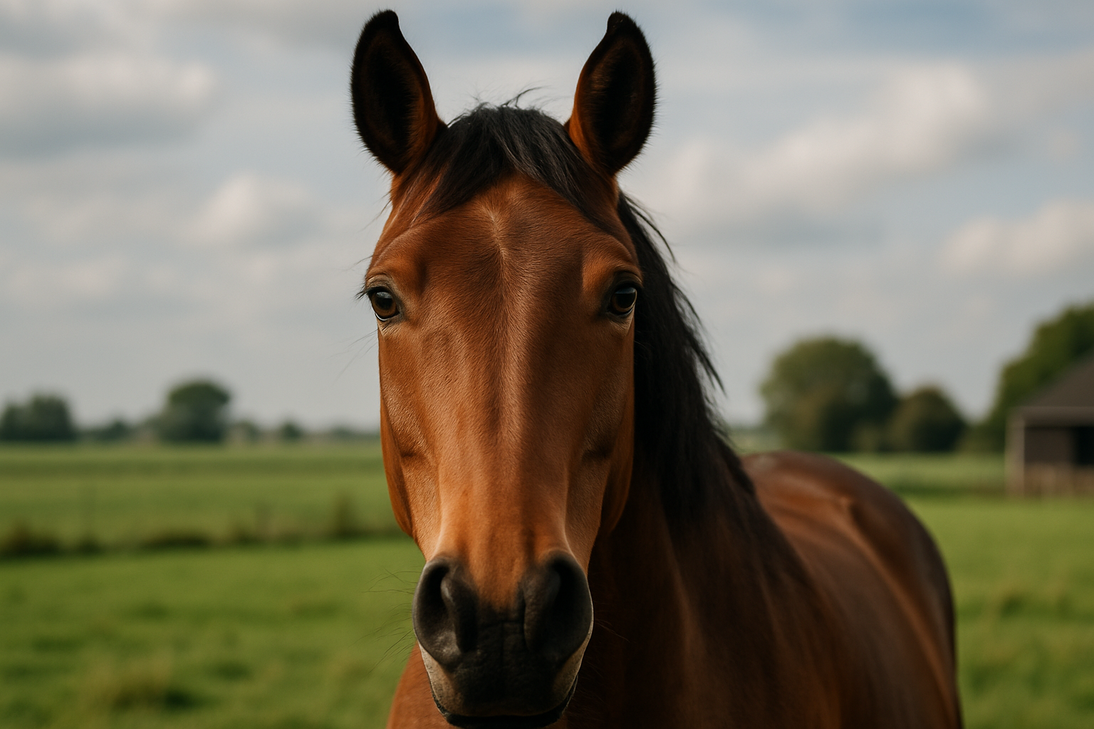 Paard met expressieve oren en ogen, close-up van paardengelaat, weide