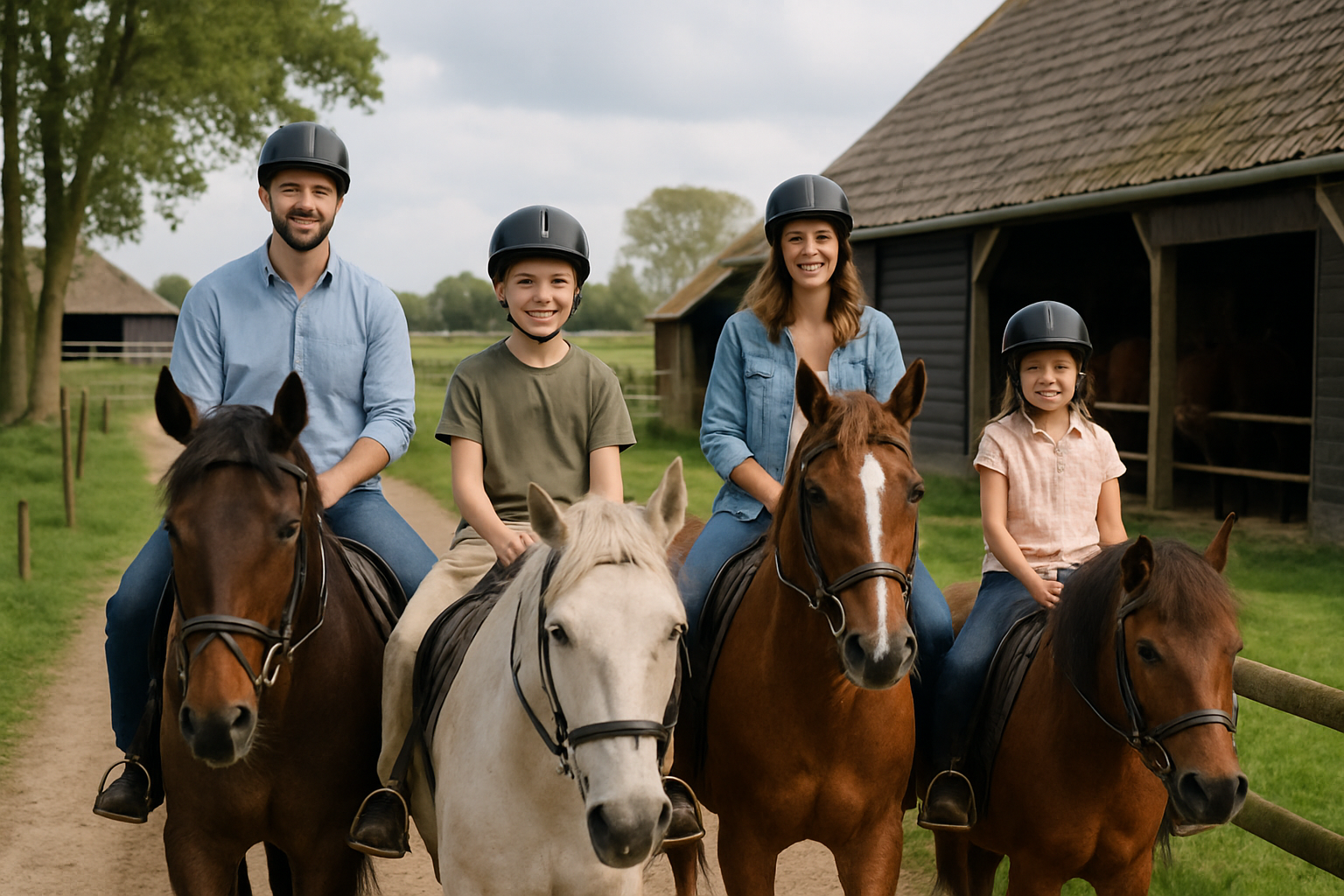 Gezin op paardrijvakantie bij een boerderij in de Nederlandse natuur