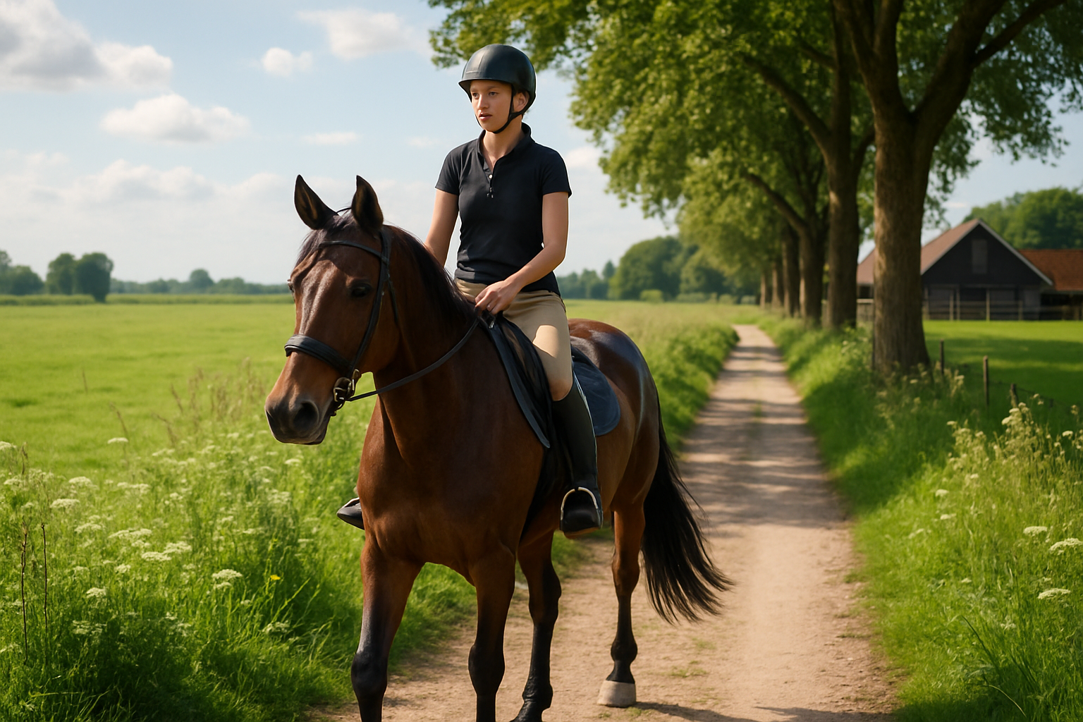 Recreatieve ruiter te paard op een landelijk pad, ontspannen sfeer, Nederland