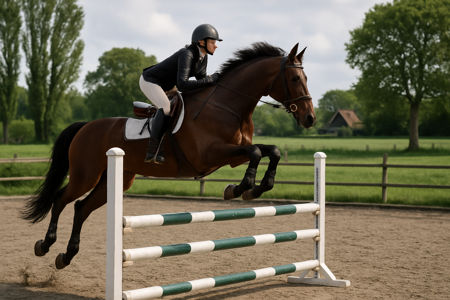 Ruiter en paard nemen een hindernis in een buitenbak, groen Nederlandse landschap