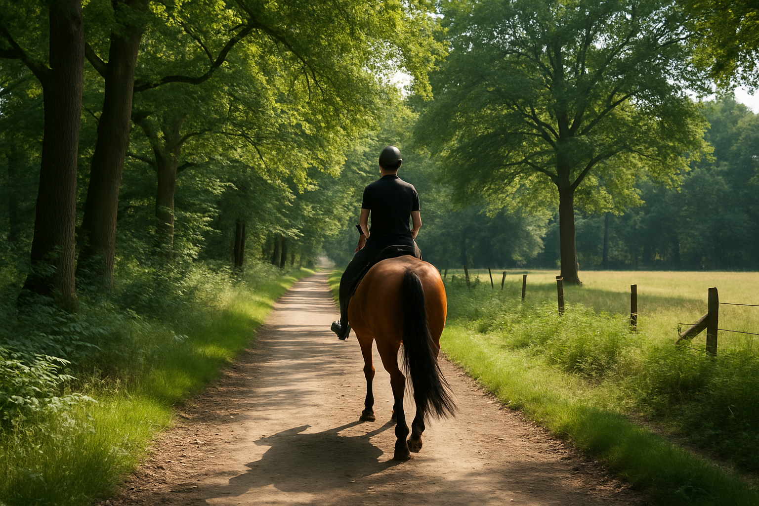 Ruiter te paard op bospad in de Nederlandse natuur, zomerse dag