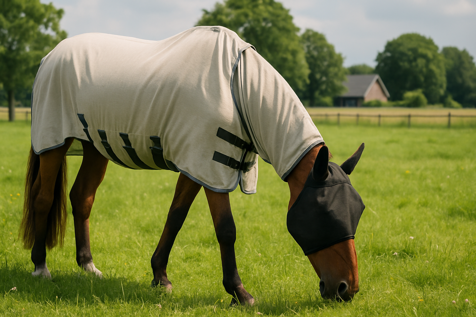 Paard met vliegendeken en vliegenmasker in de wei, zomerse Nederlandse wei