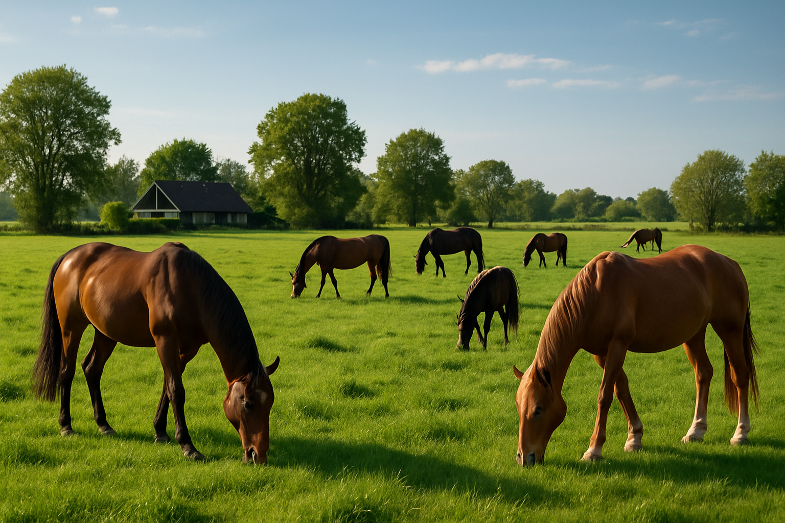 Paarden in de wei in Nederland, groene weide, zomerse middag