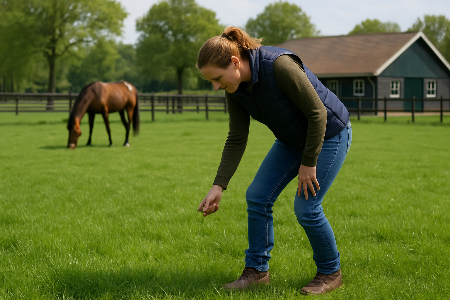 Paardenhouder inspecteert grasland bij paardenstal, Nederland