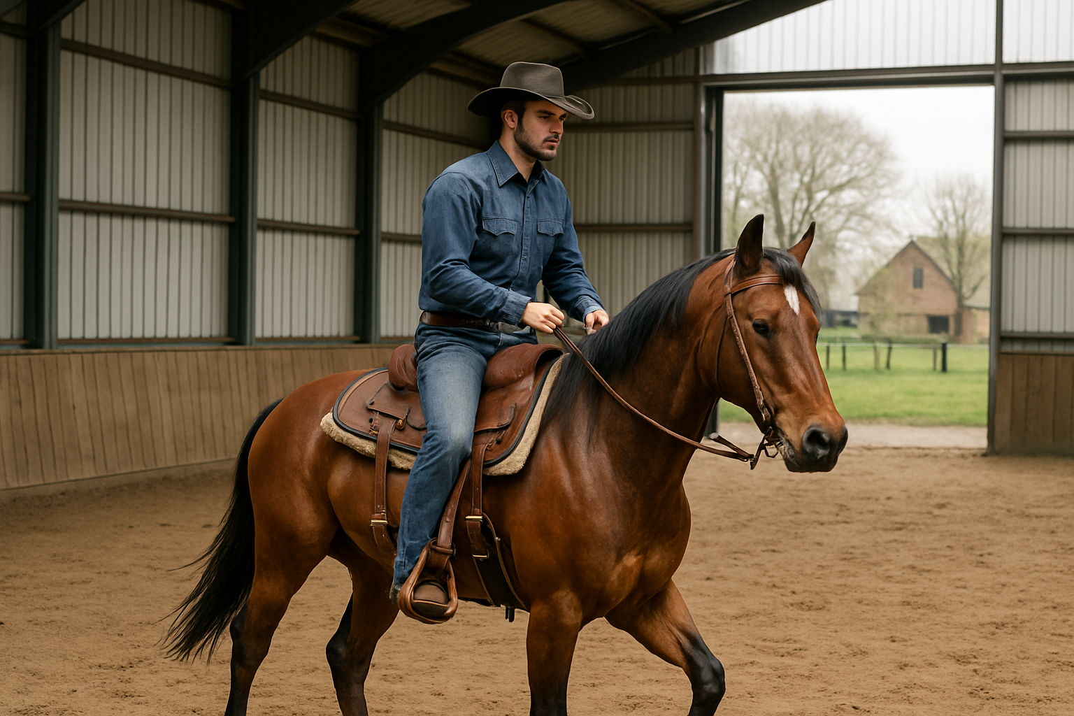 Ruiter op paard in western zadel en hoed, Nederlandse manege, zomerse sfeer