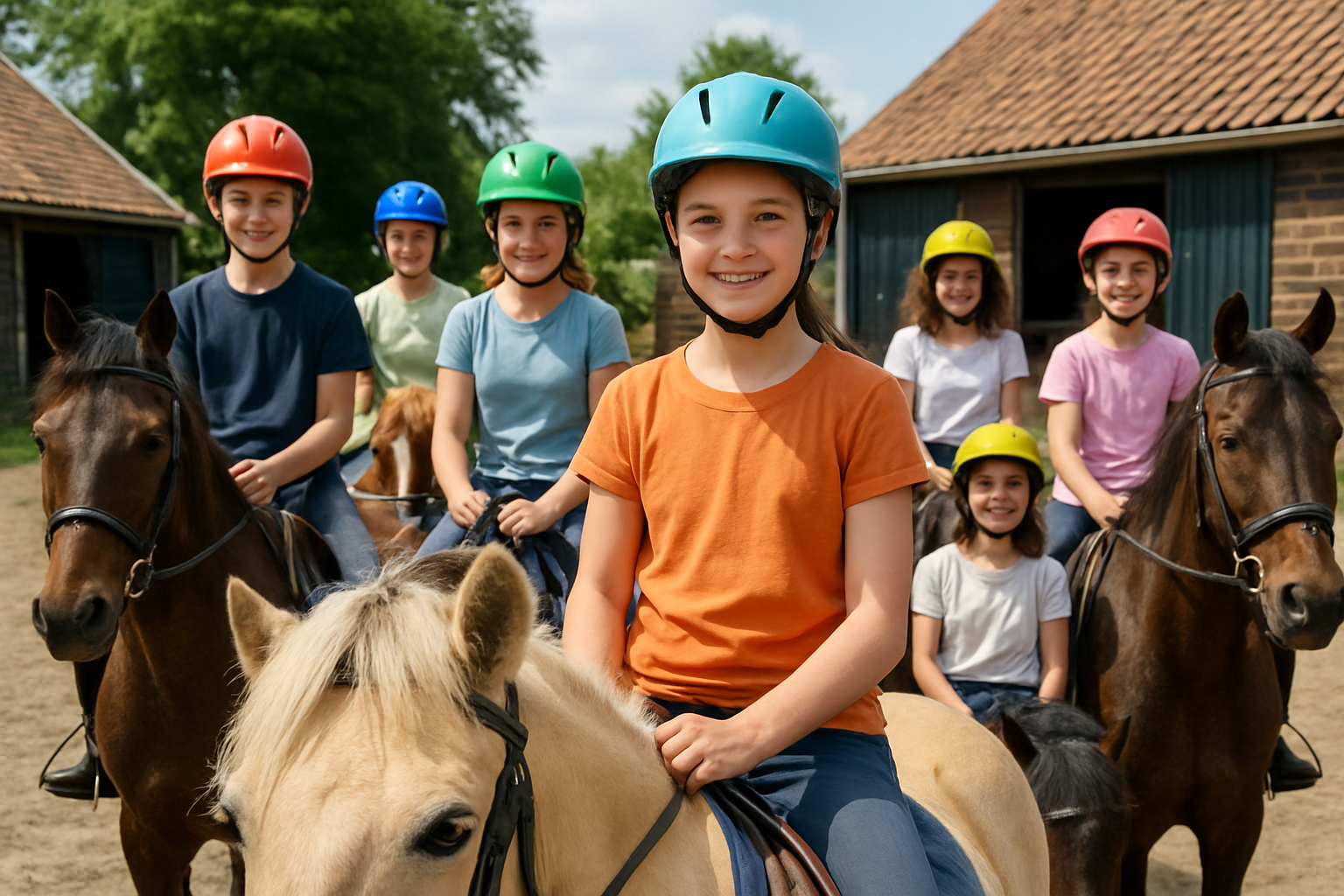 Kinderen en jongeren tijdens een paardrijkamp, Nederlandse manege, zomerse sfeer