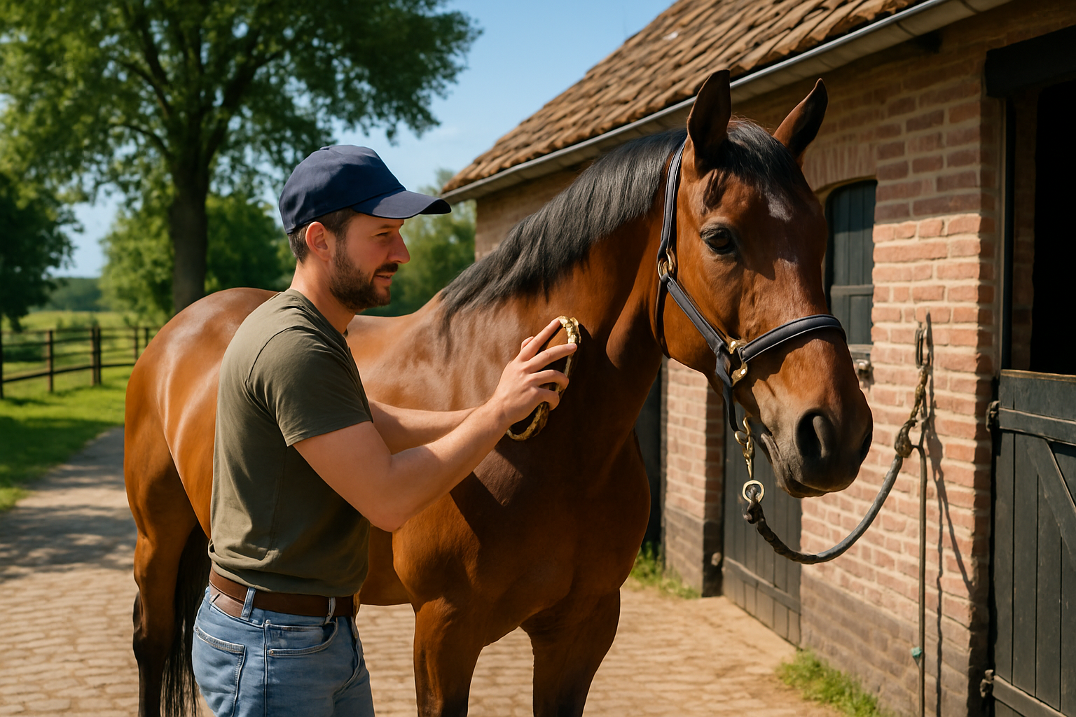 Ruiter verzorgt paard in de zomer, Nederlandse manege, zonnige dag